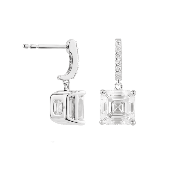 Back view of Asscher solitaire drop earrings in white gold