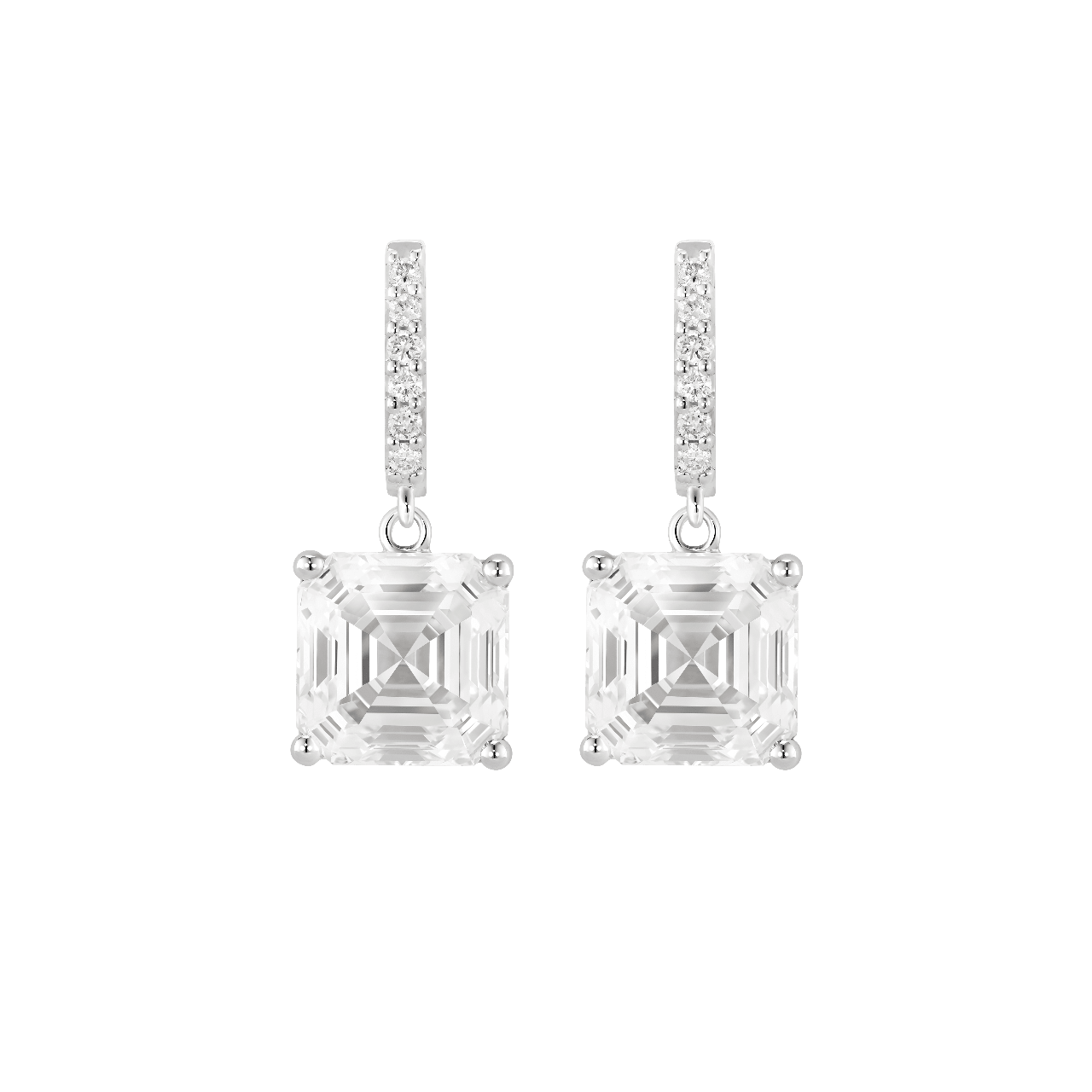 Front view of Asscher solitaire drop earrings in white gold