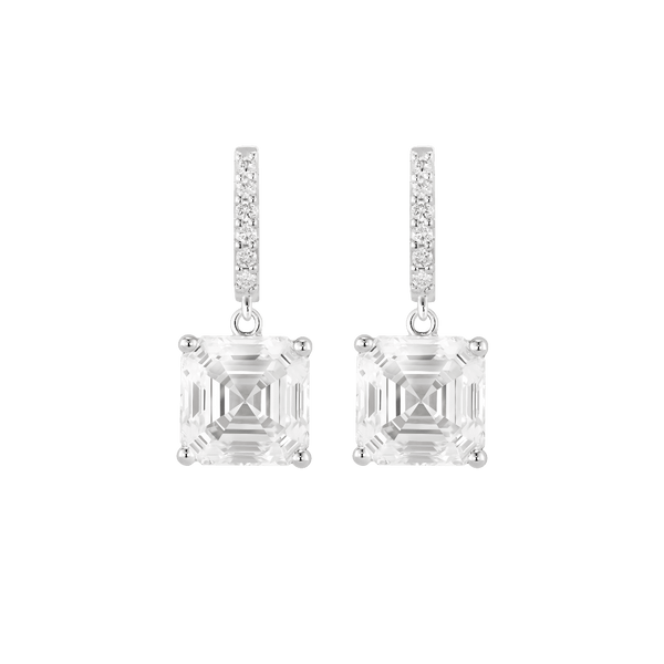 Front view of Asscher solitaire drop earrings in white gold