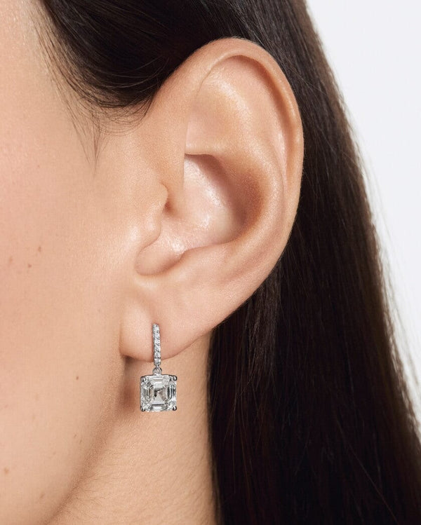 Model image of Asscher solitaire drop earrings in white gold