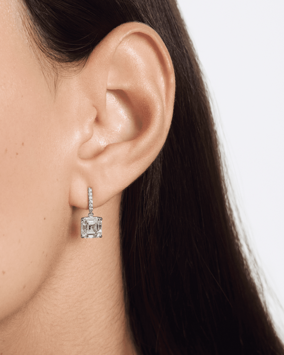 Model image of white gold Asscher cut drop earrings