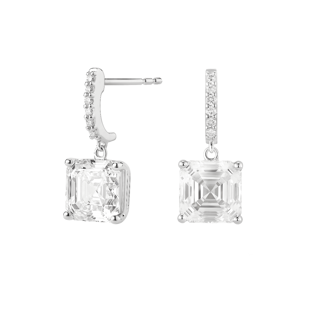 Side view of Asscher solitaire drop earrings in white gold