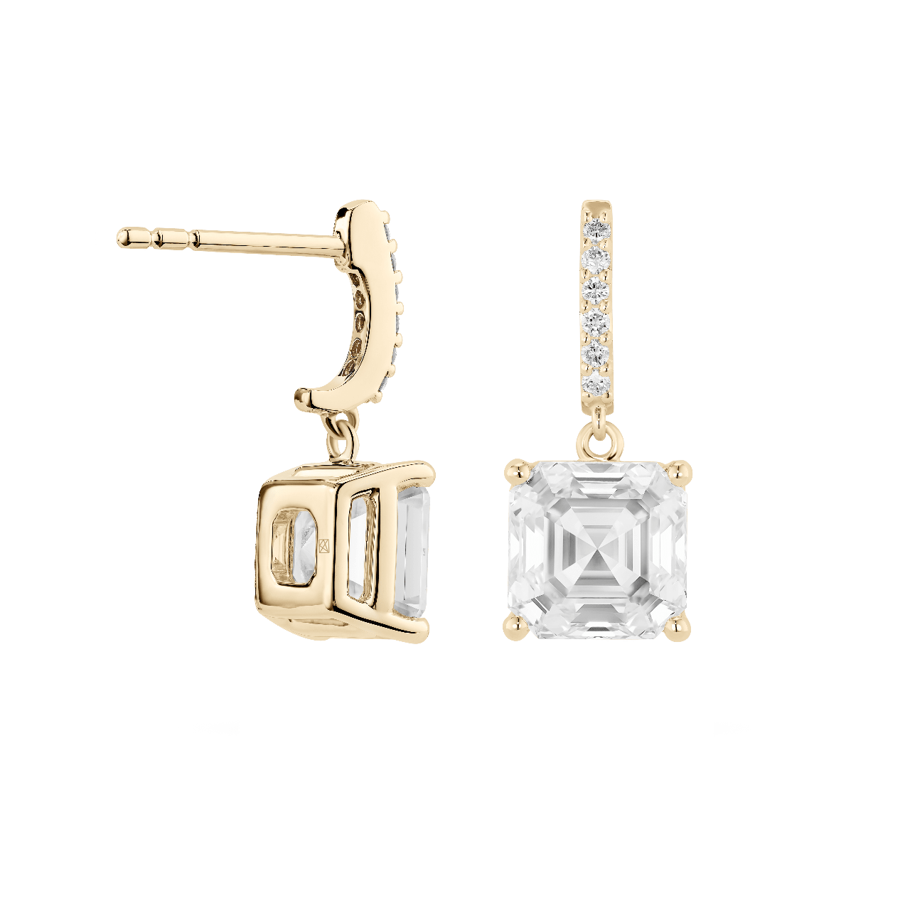 Back view of Asscher solitaire drop earrings in yellow gold