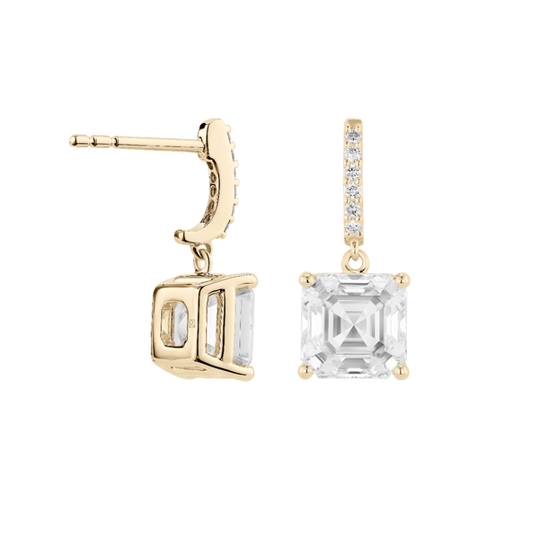 Back view of Asscher solitaire drop earrings in yellow gold