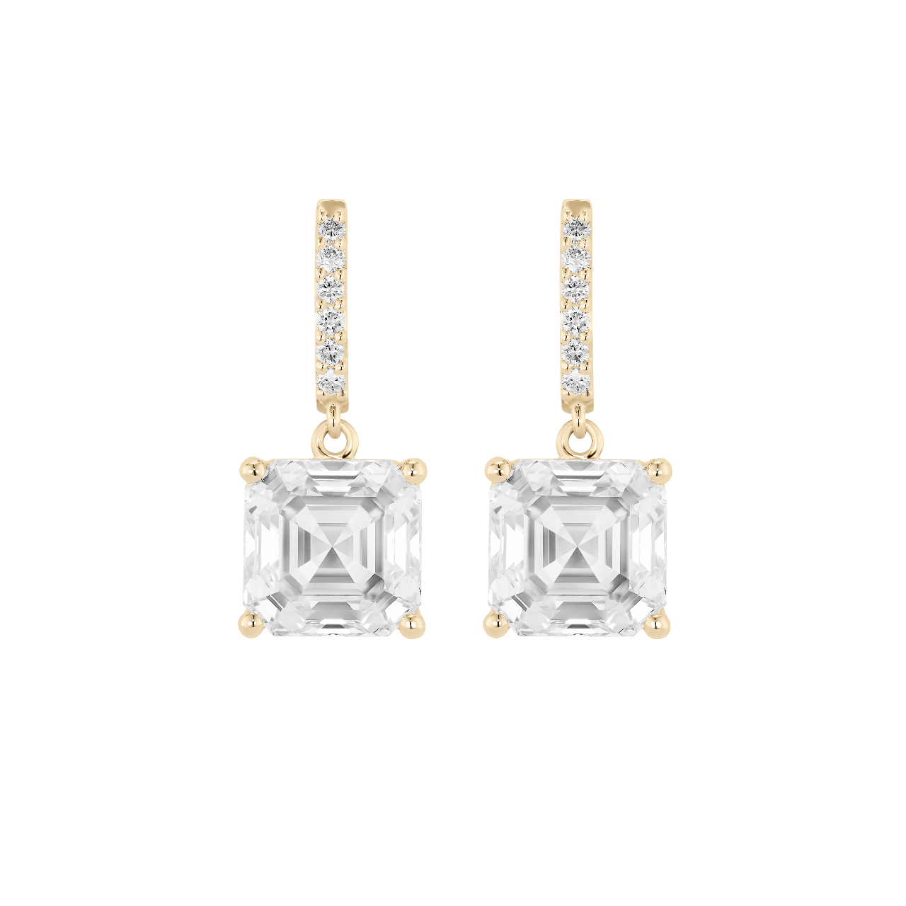 Front view of Asscher solitaire drop earrings in yellow gold