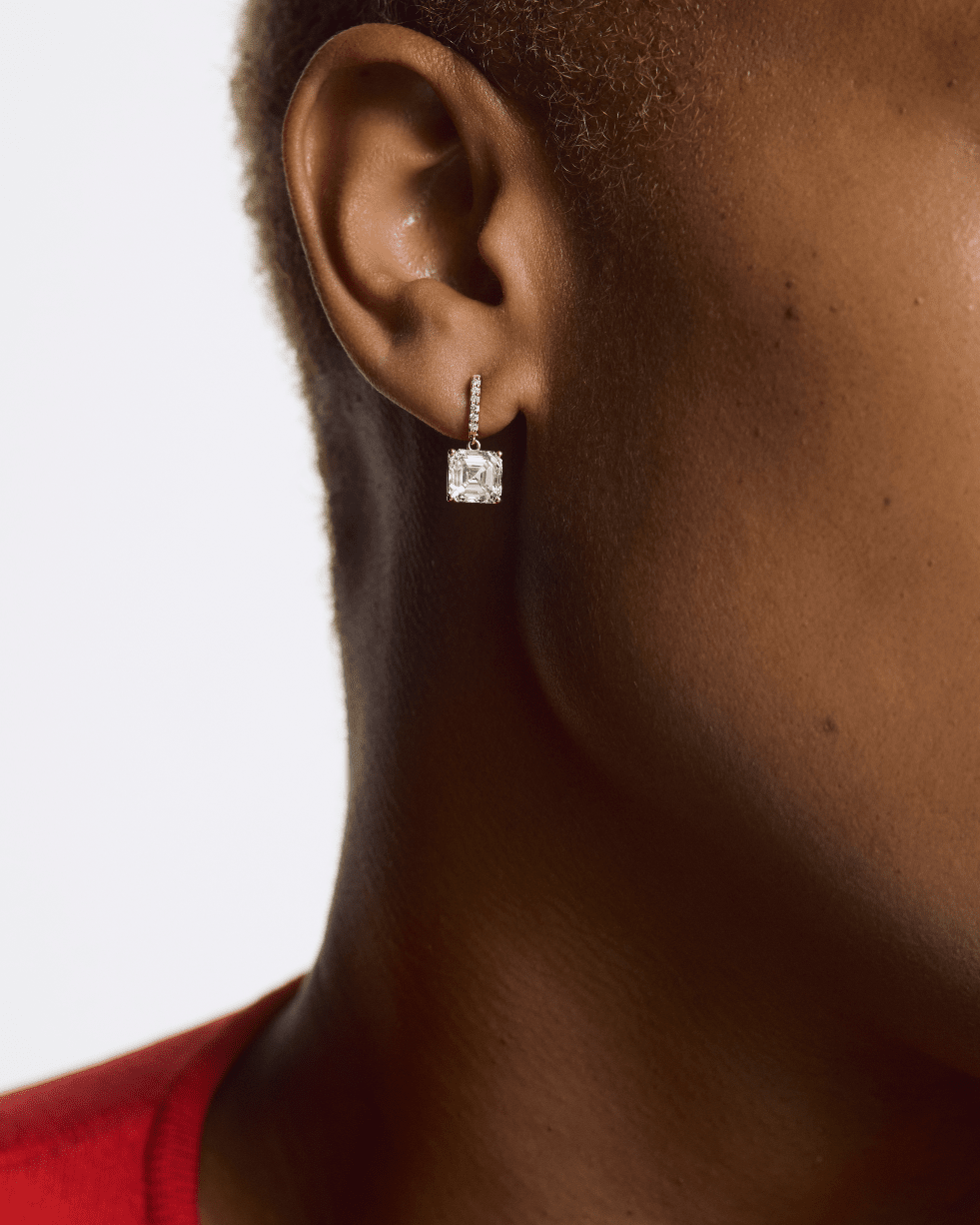 Model image of Asscher solitaire drop earrings in yellow gold