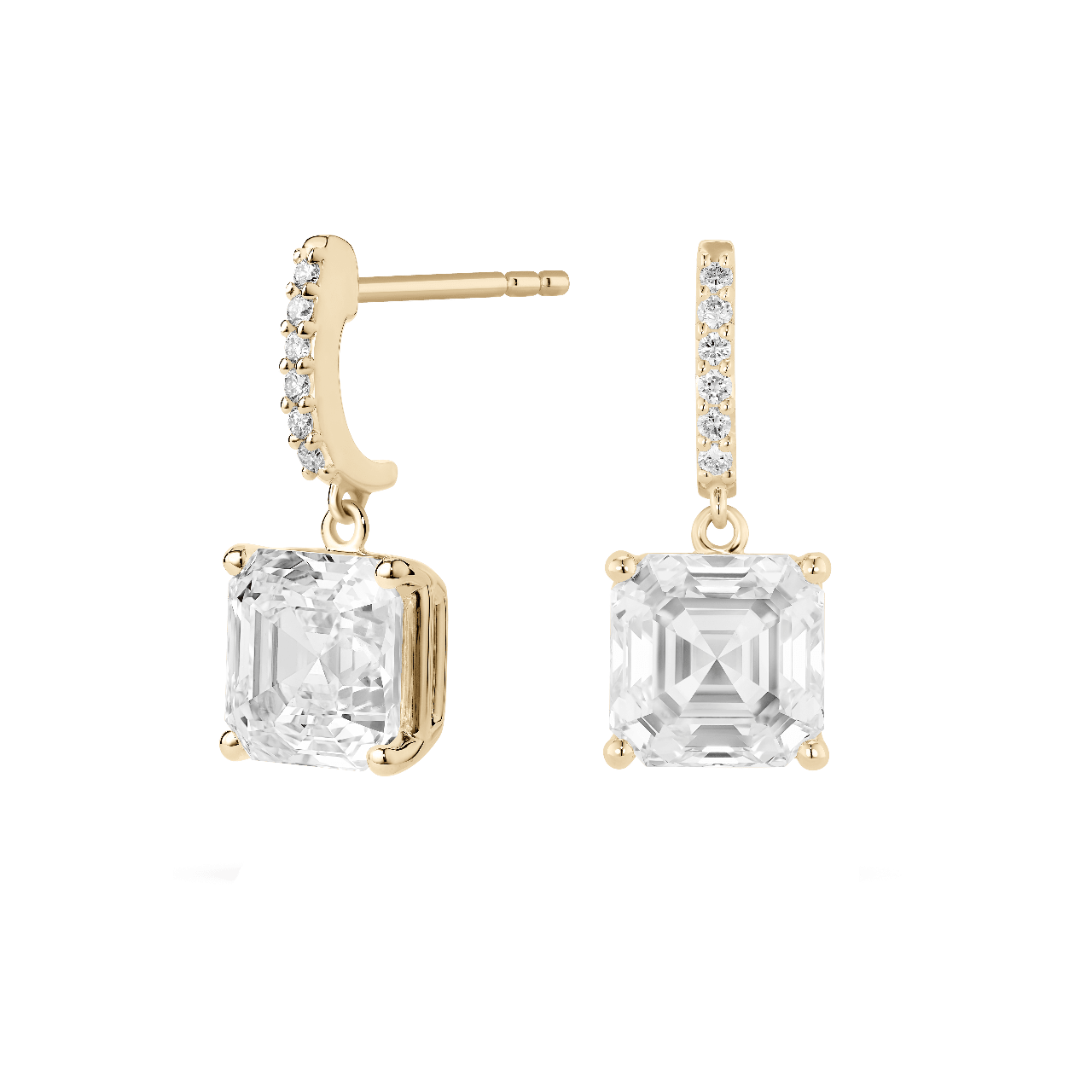 Side view of Asscher solitaire drop earrings in yellow gold