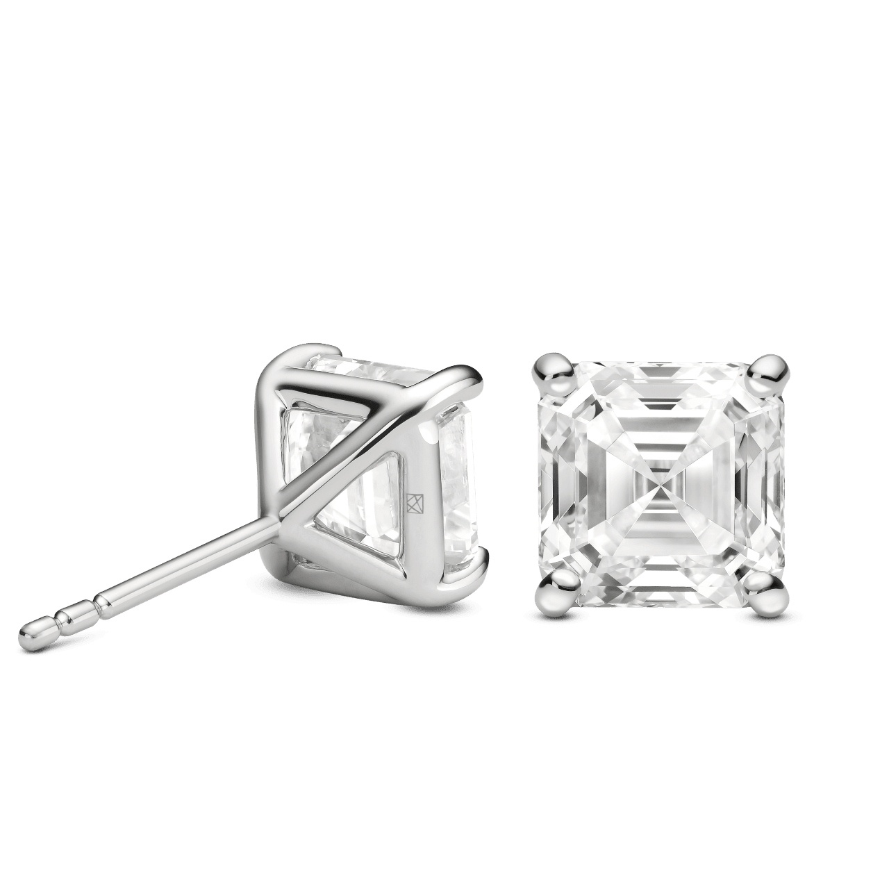 Back view of 4 carat total weight Asscher cut studs in white gold