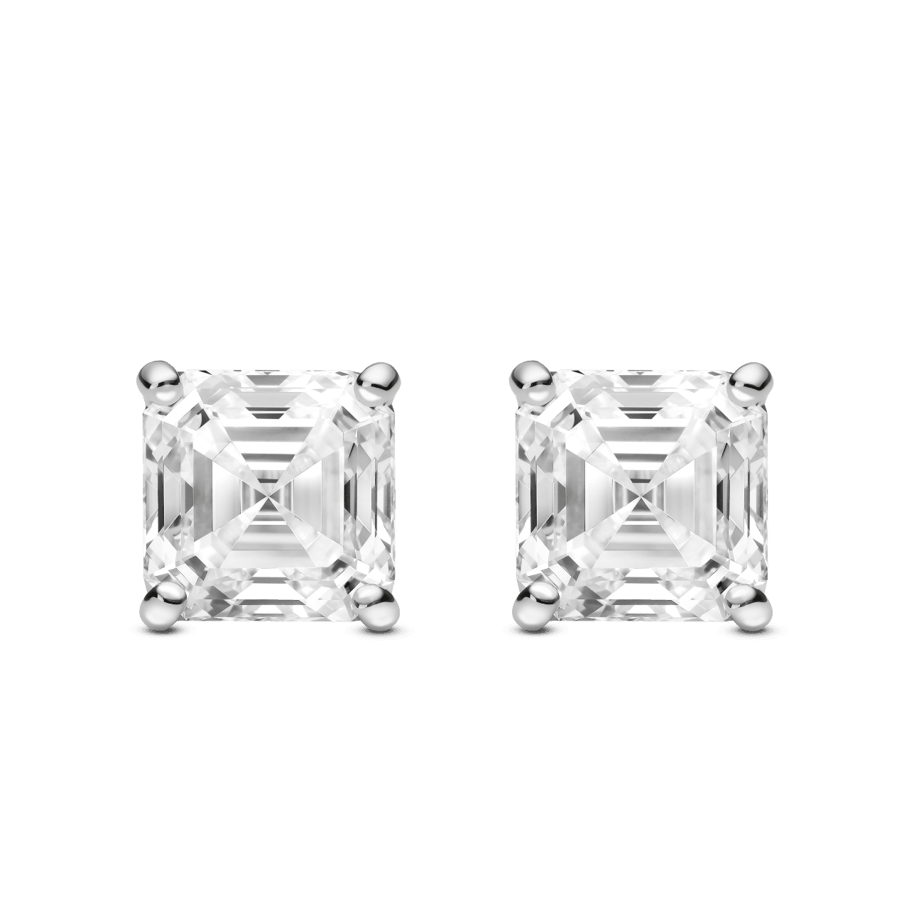 Front view of 4 carat total weight Asscher cut studs in white gold