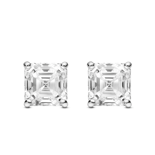 Front view of 4 carat total weight Asscher cut studs in white gold