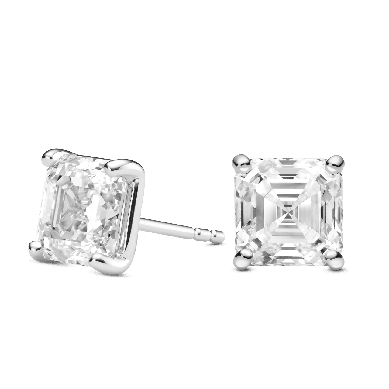 Side view of 4 carat total weight Asscher cut studs in white gold