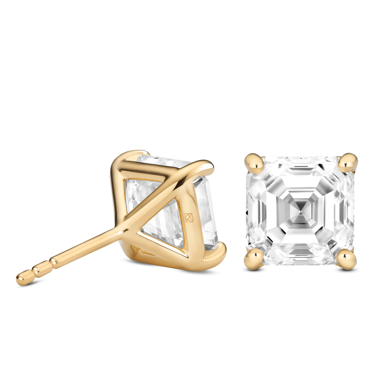 Back view of 4 carat total weight Asscher cut studs in yellow gold