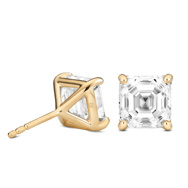 Back view of 4 carat total weight Asscher cut studs in yellow gold