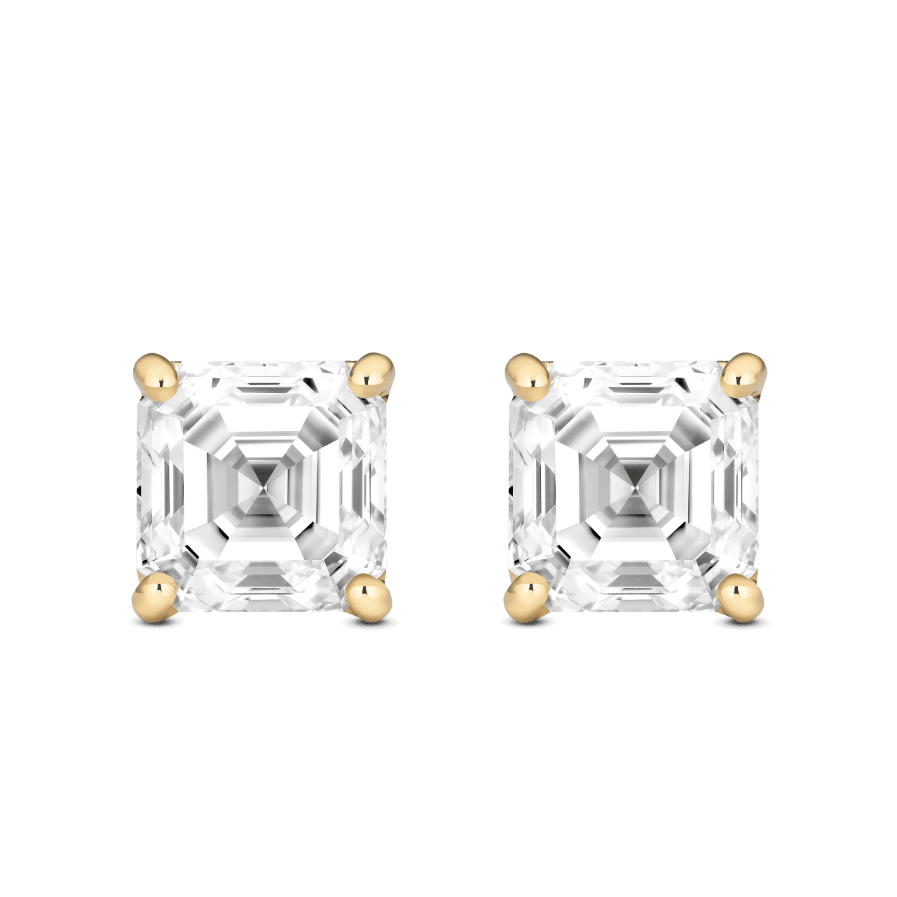 Front view of 4 carat total weight Asscher cut studs in yellow gold