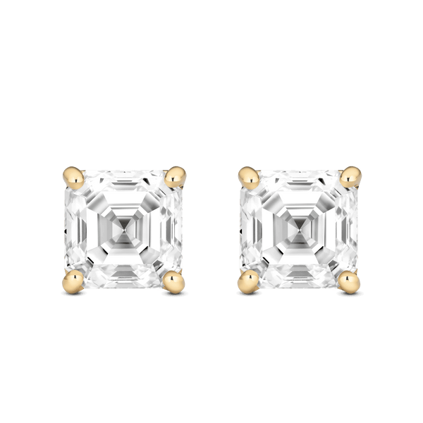 Front view of 4 carat total weight Asscher cut studs in yellow gold