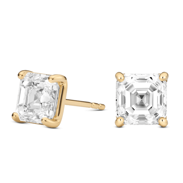 Side view of 4 carat total weight Asscher cut studs in yellow gold