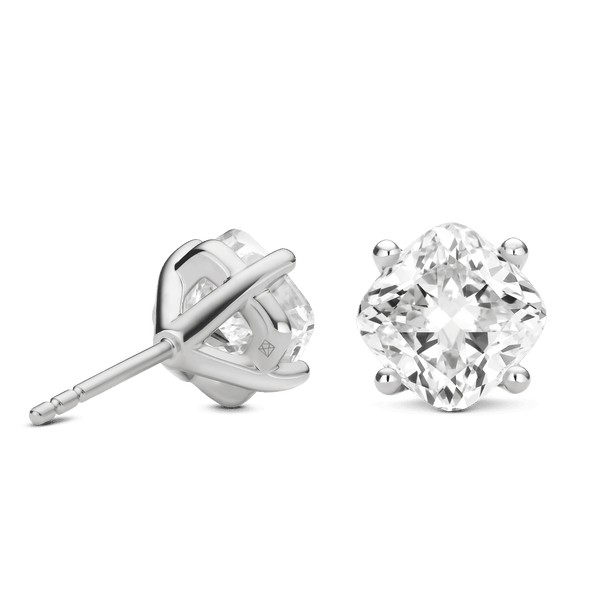 Back view of 4 carat total weight cushion cut studs in white gold