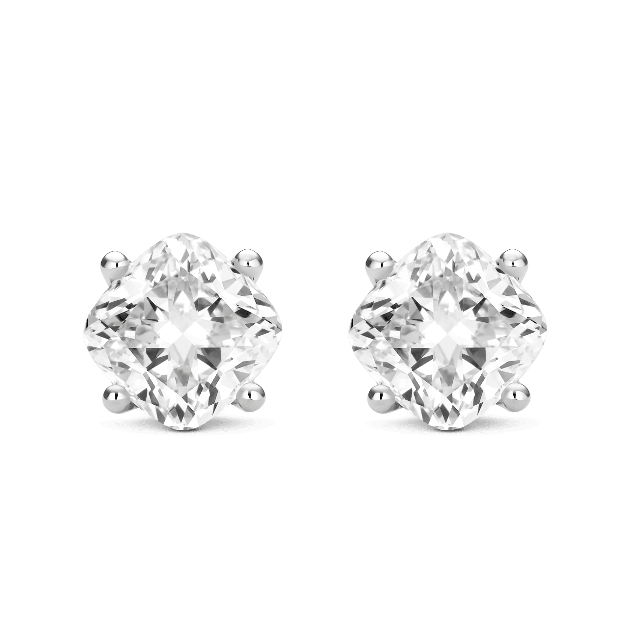 Front view of 4 carat total weight cushion cut studs in white gold