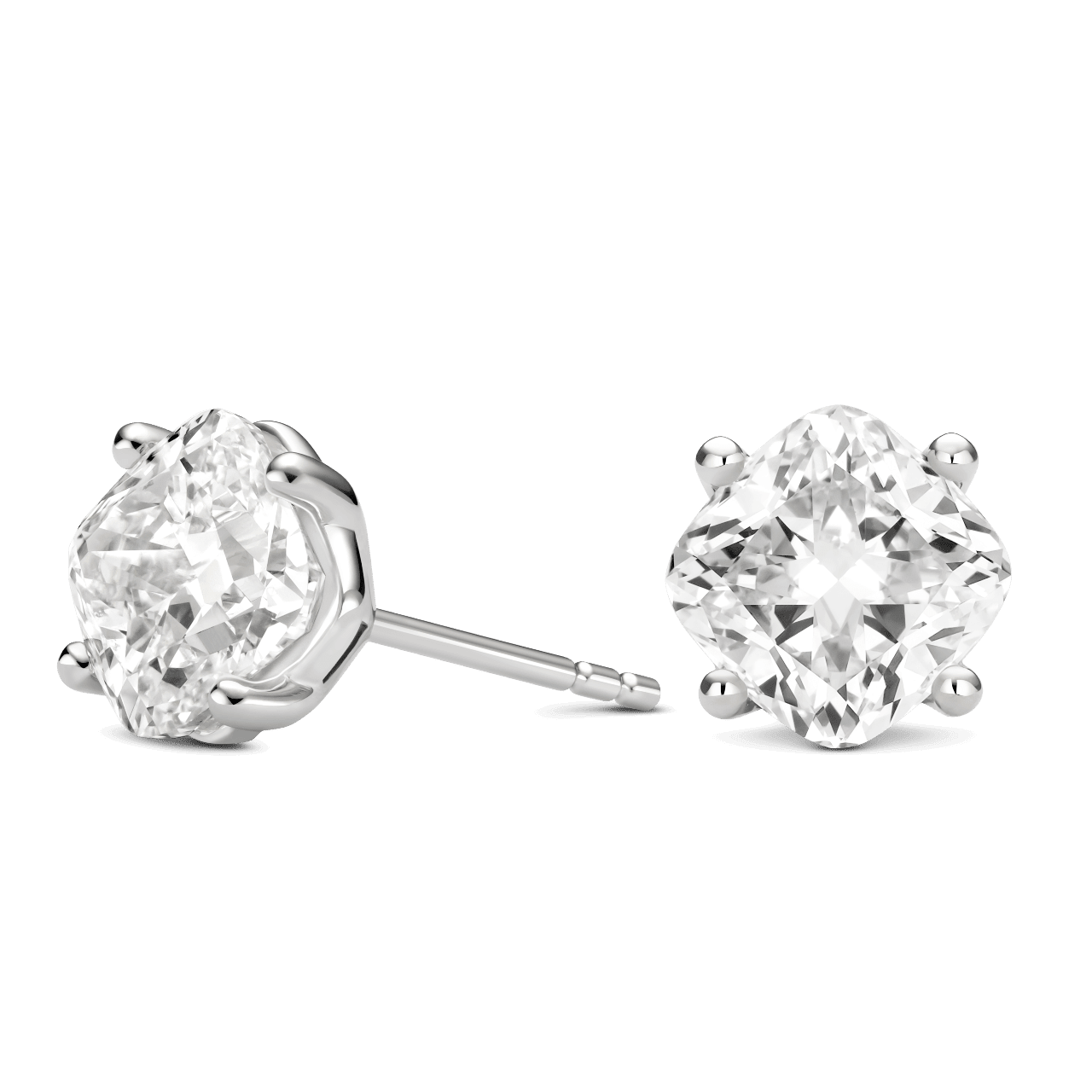 Side view of 4 carat total weight cushion cut studs in white gold