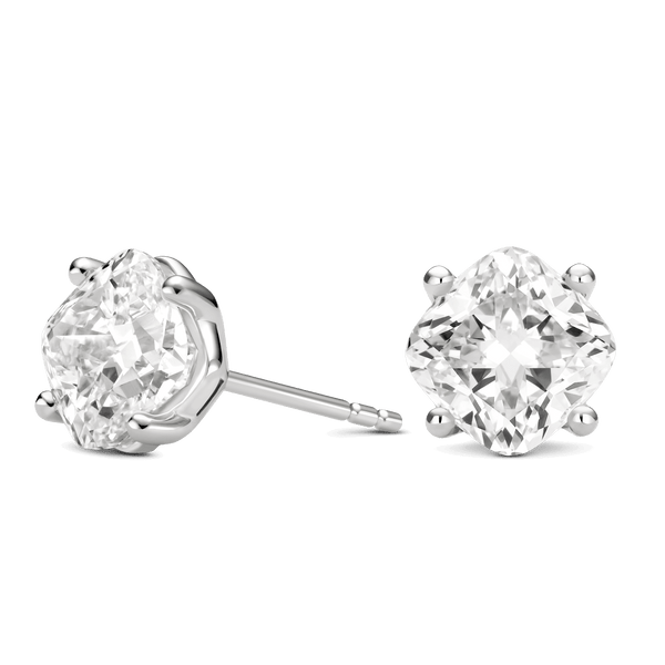 Side view of 4 carat total weight cushion cut studs in white gold