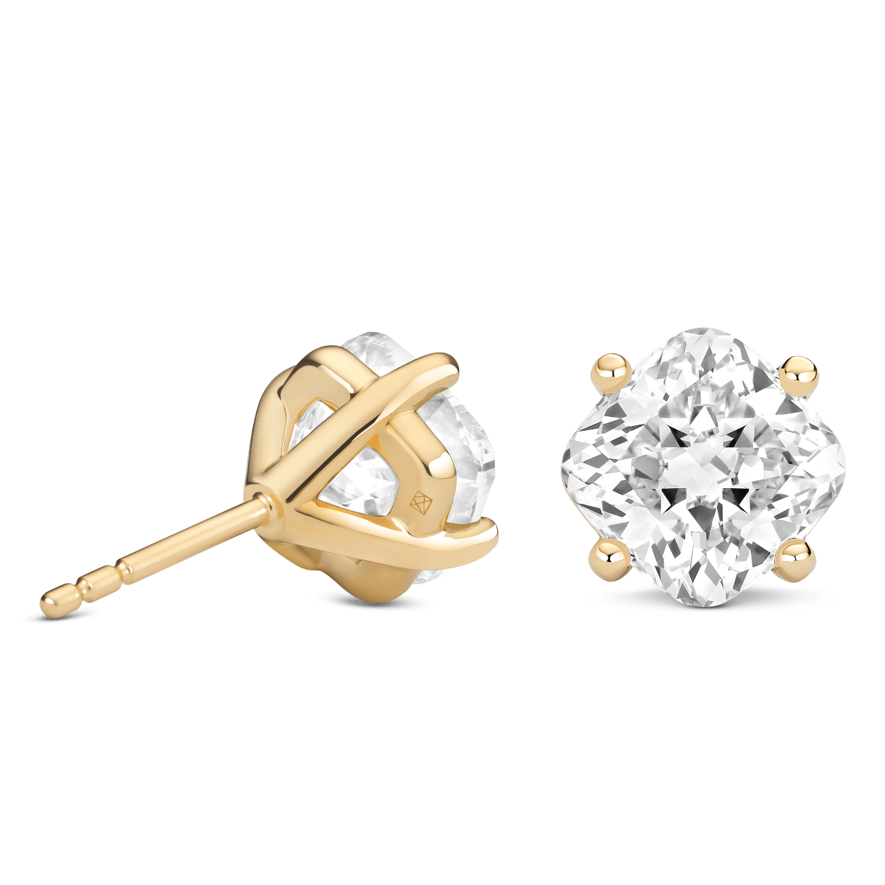 Back view of 4 carat total weight cushion cut studs in yellow gold