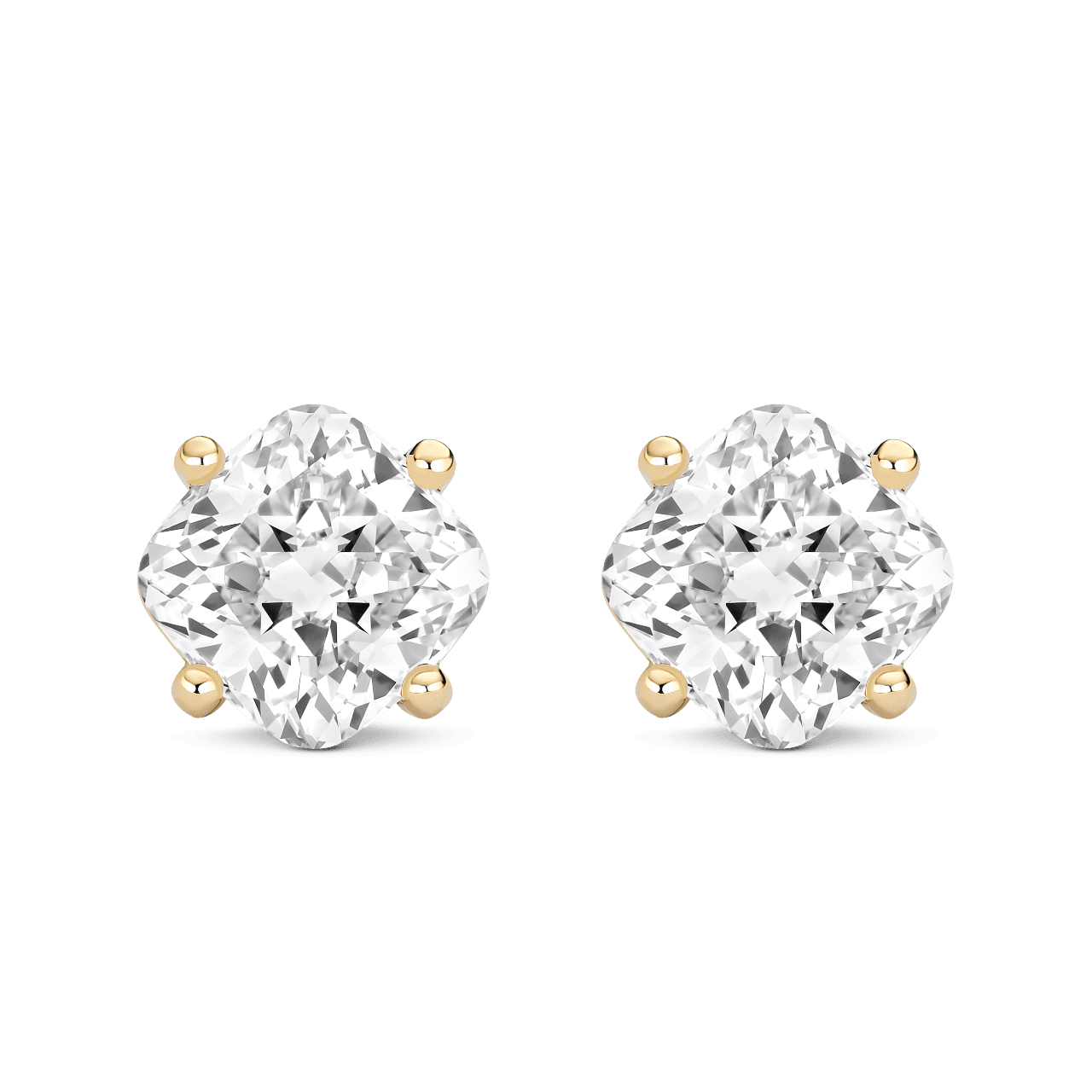 Front view of 4 carat total weight cushion cut studs in yellow gold