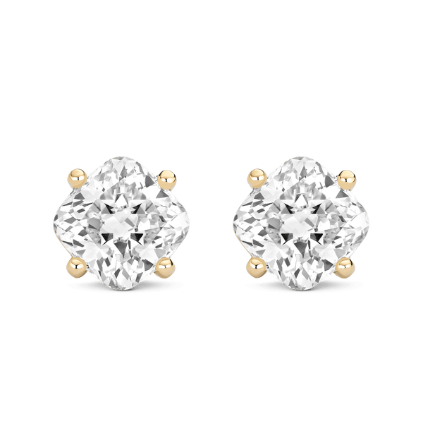 Front view of 4 carat total weight cushion cut studs in yellow gold