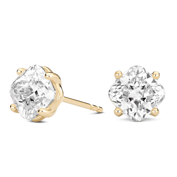 Side view of 4 carat total weight cushion cut studs in yellow gold