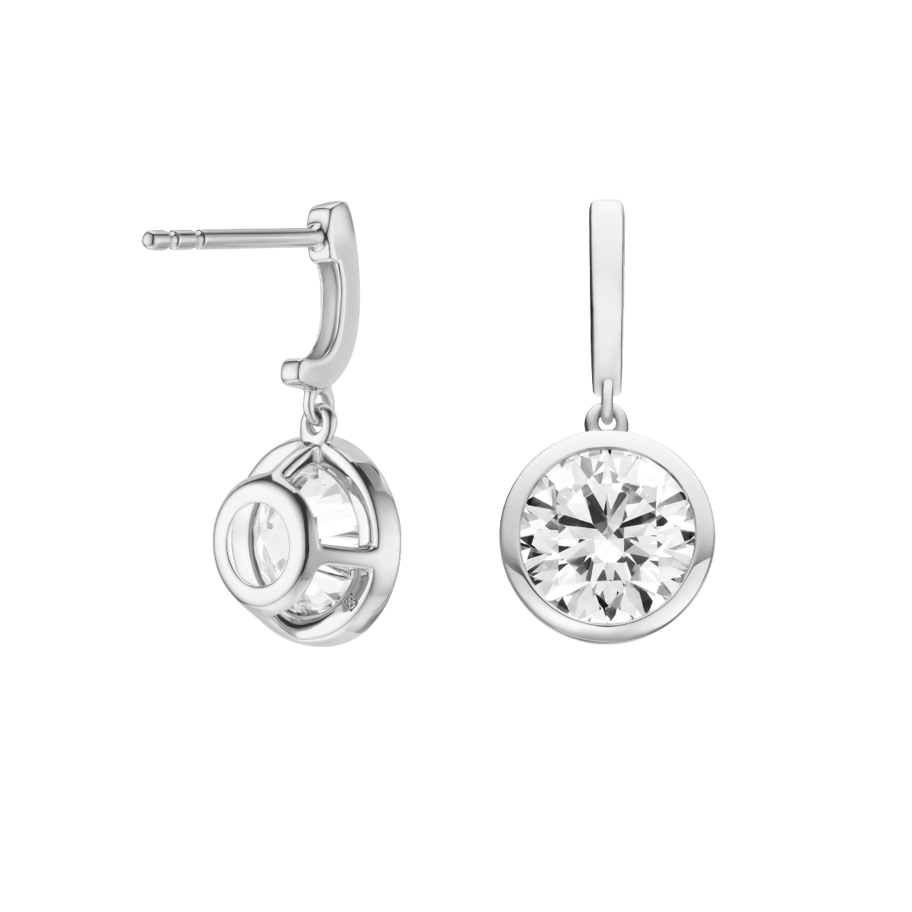 Back view of round brilliant bezel drop earrings in white gold