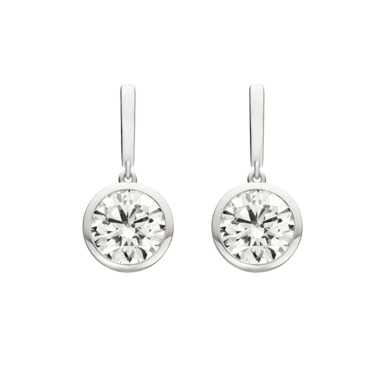 Front view of round brilliant bezel drop earrings in white gold