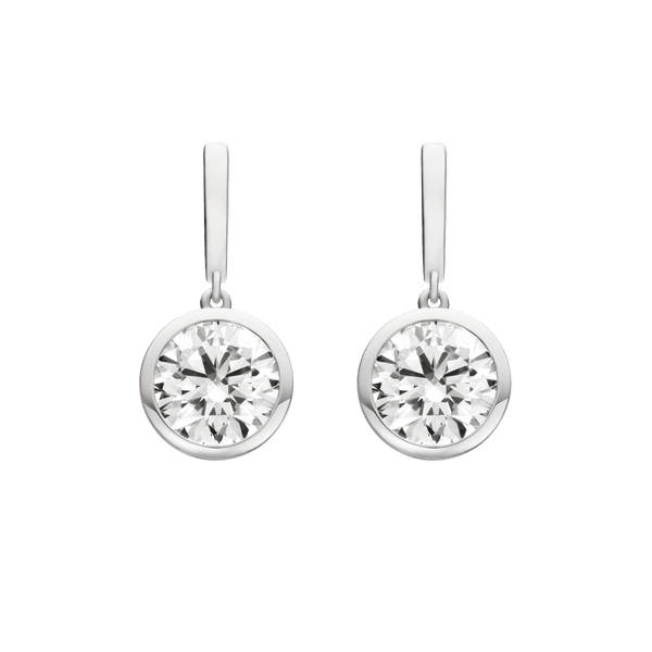 Front view of round brilliant bezel drop earrings in white gold