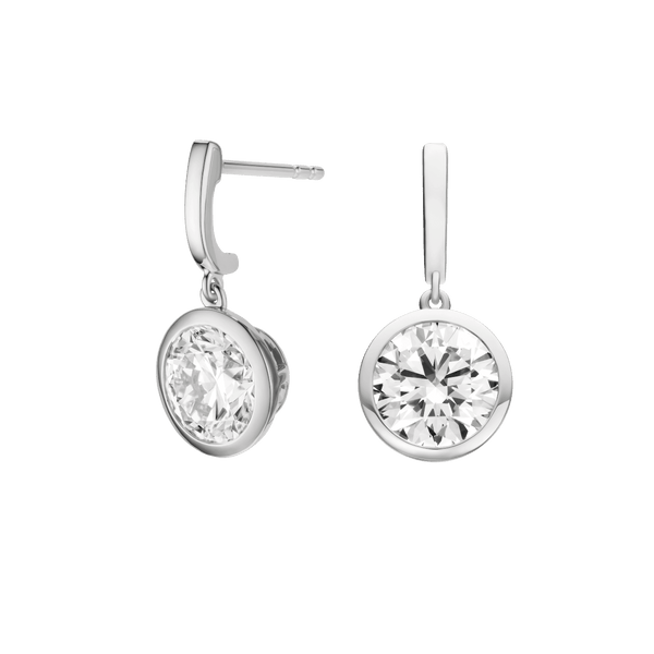 Side view of round brilliant bezel drop earrings in white gold