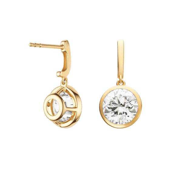 Back view of round brilliant bezel drop earrings in yellow gold