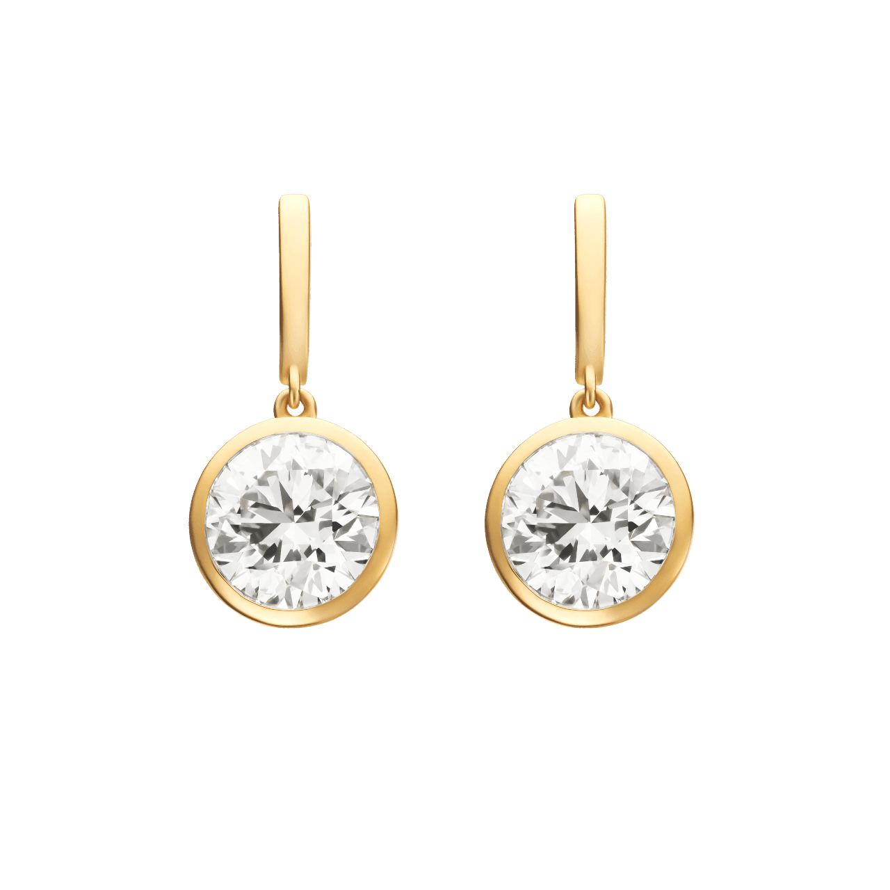 Front view of round brilliant bezel drop earrings in yellow gold