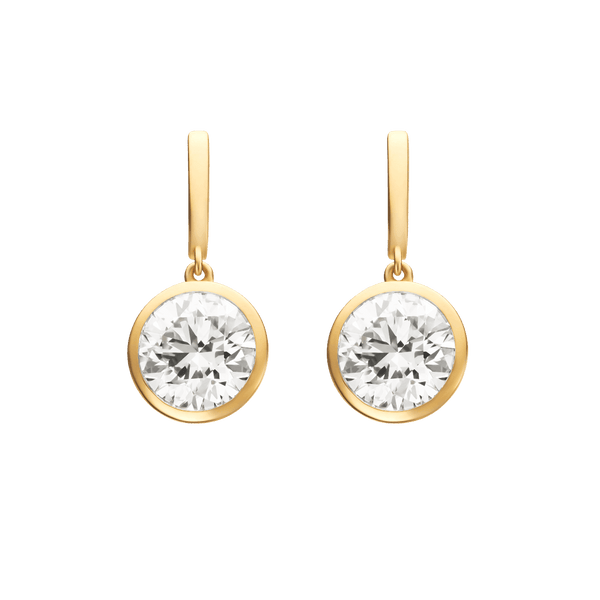 Front view of round brilliant bezel drop earrings in yellow gold