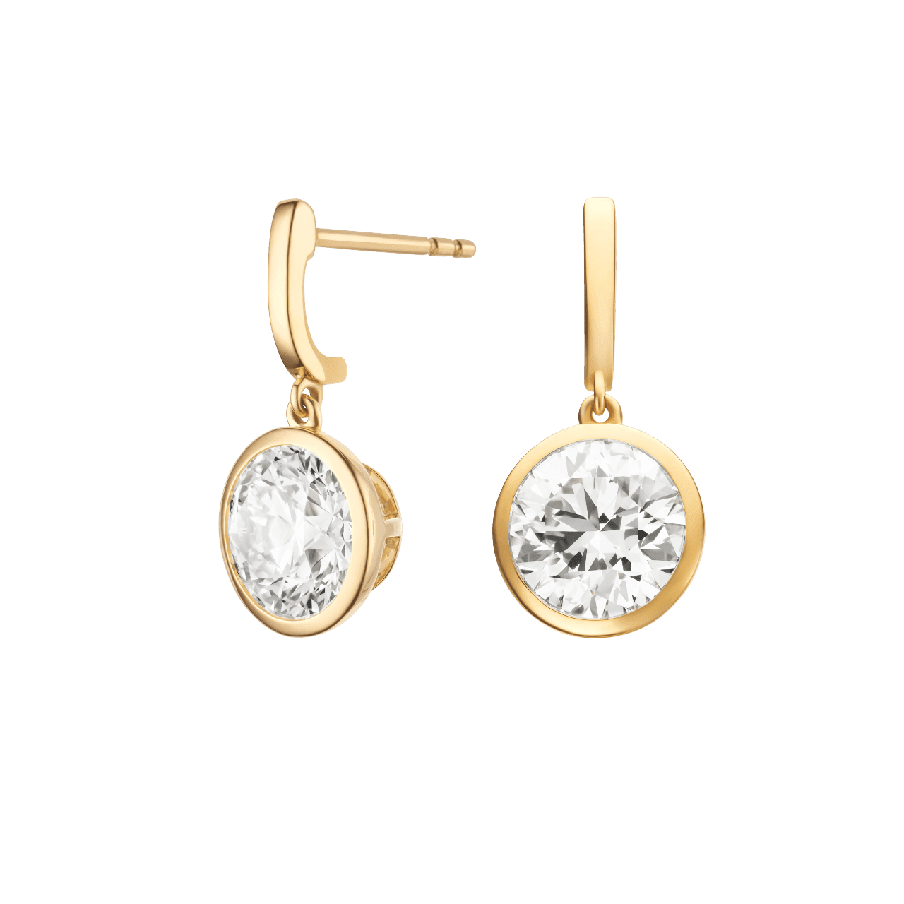 Side view of round brilliant bezel drop earrings in yellow gold