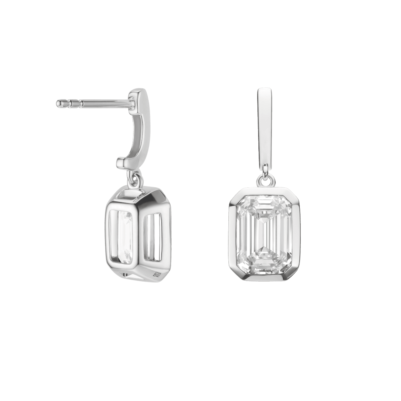 Back view of emerald cut, bezel set drop earrings in white gold