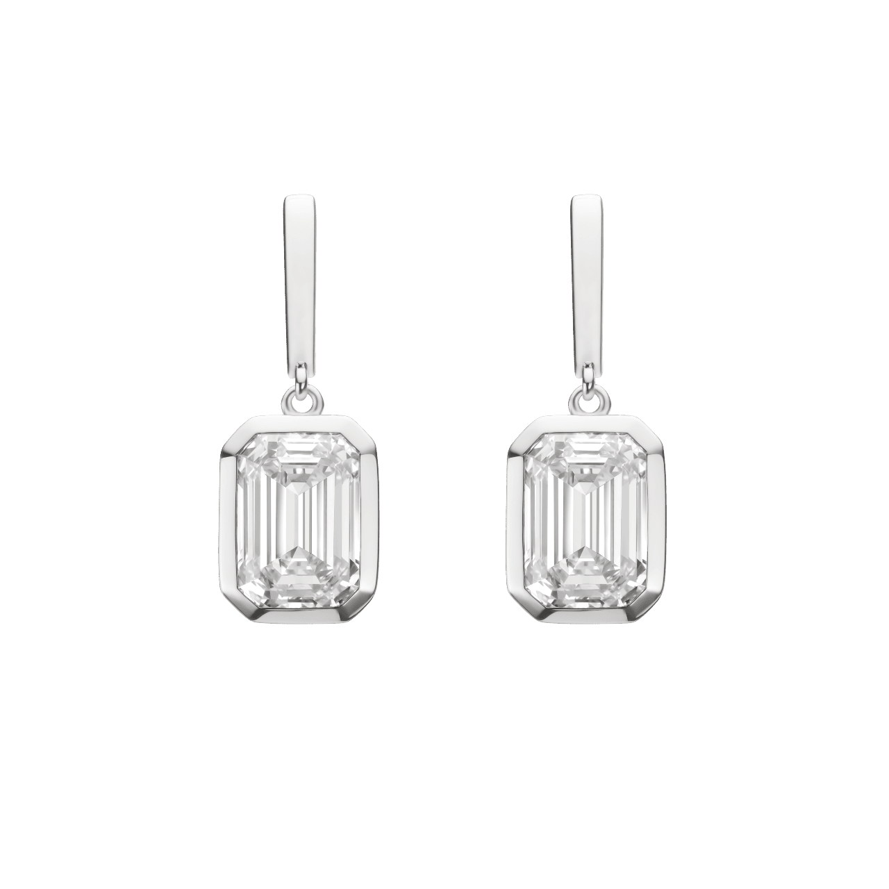 Front view of emerald cut, bezel set drop earrings in white gold