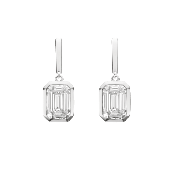 Front view of emerald cut, bezel set drop earrings in white gold