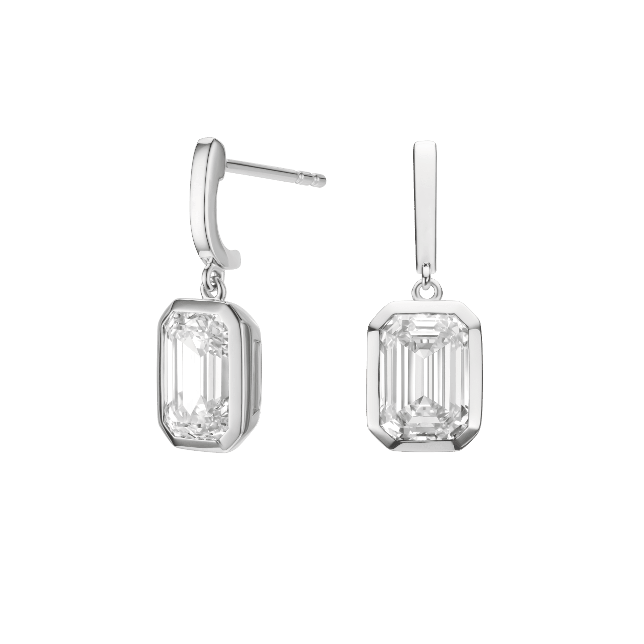 Side view of emerald cut, bezel set drop earrings in white gold