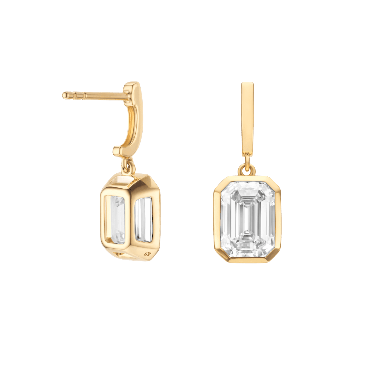 Back view of emerald cut, bezel set drop earrings in yellow gold