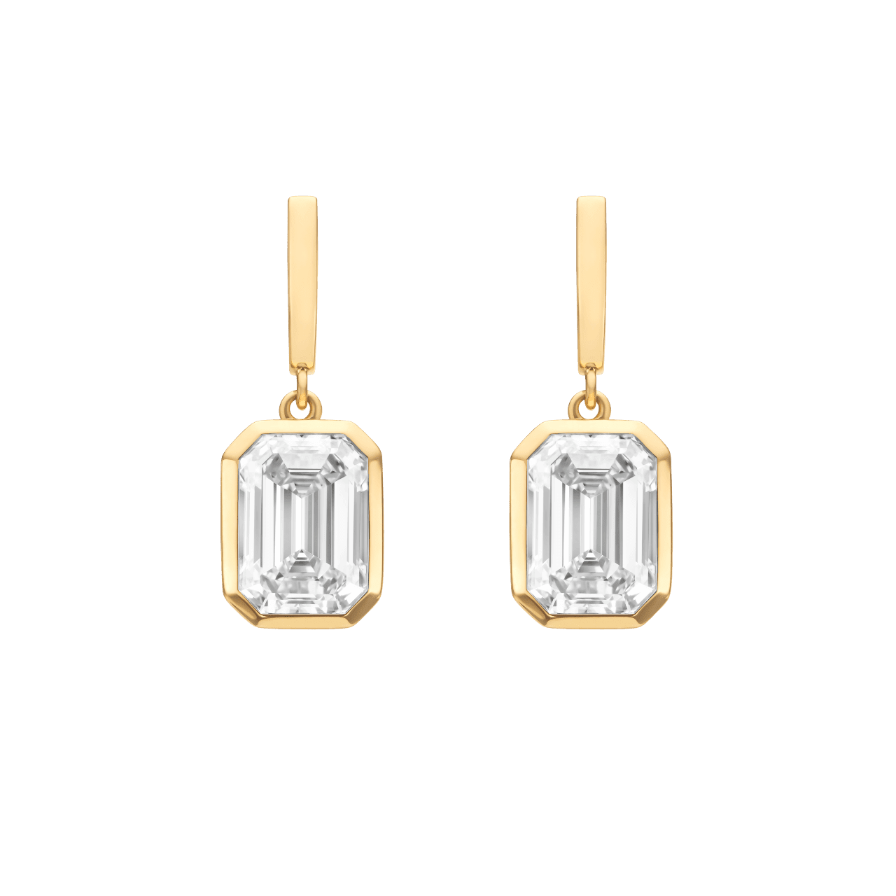 Front view of emerald cut, bezel set drop earrings in yellow gold