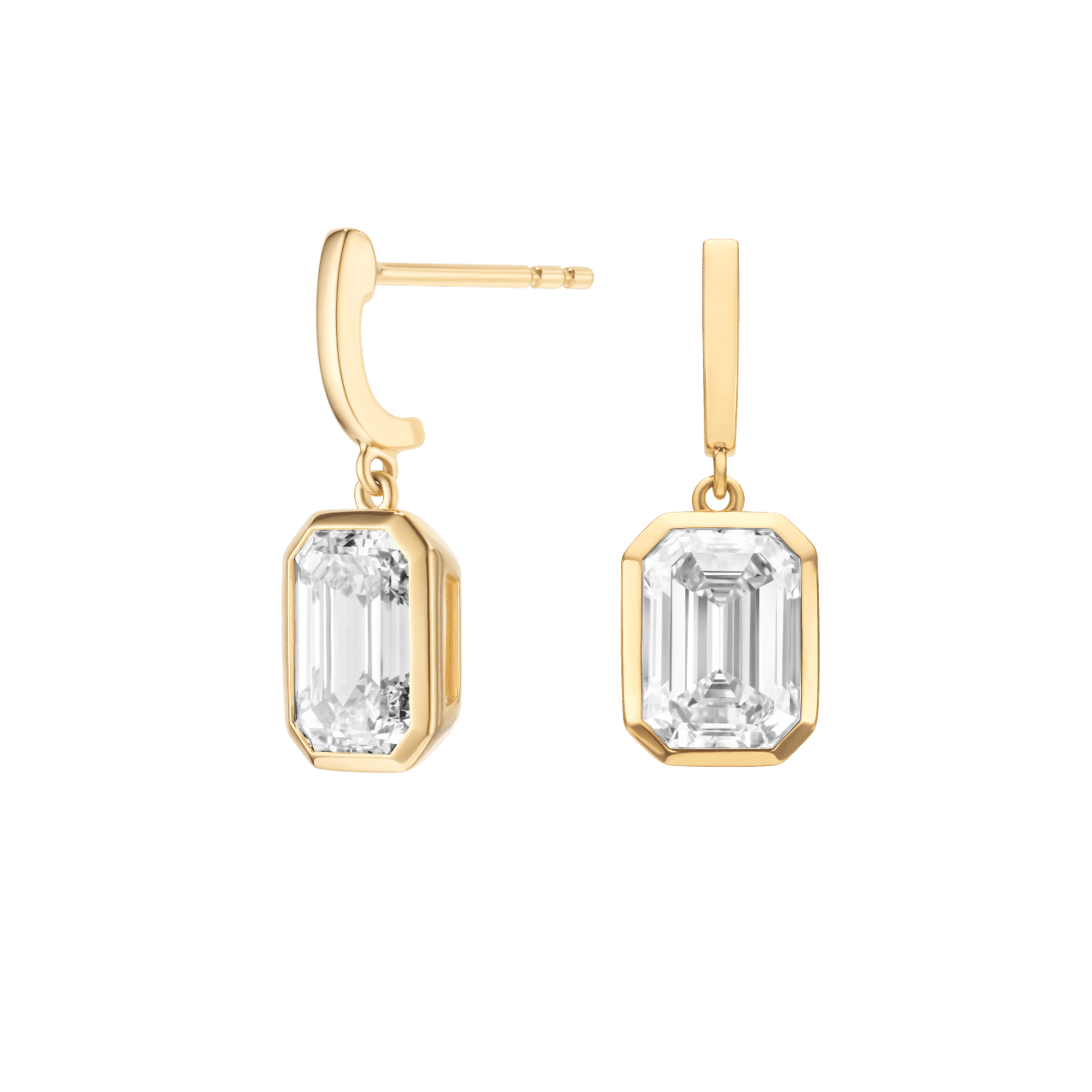 Side view of emerald cut, bezel set drop earrings in yellow gold