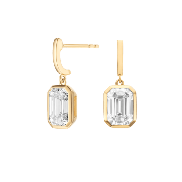 Side view of emerald cut, bezel set drop earrings in yellow gold