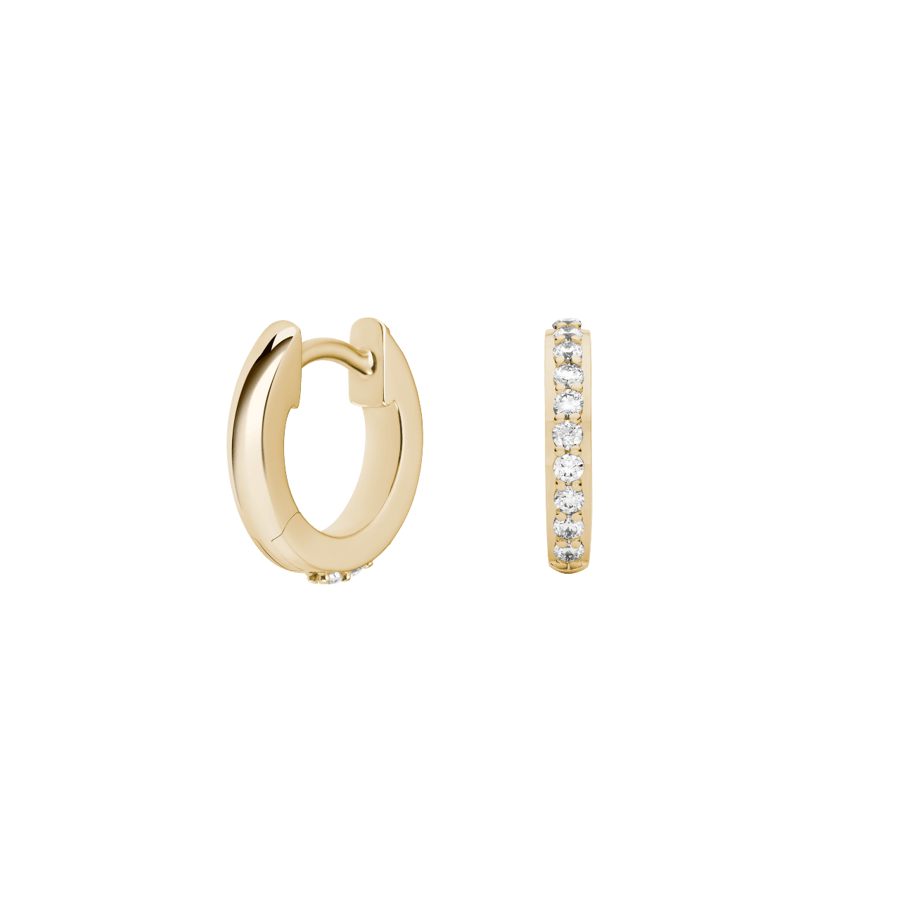 Back view of yellow gold, small pavé hoops