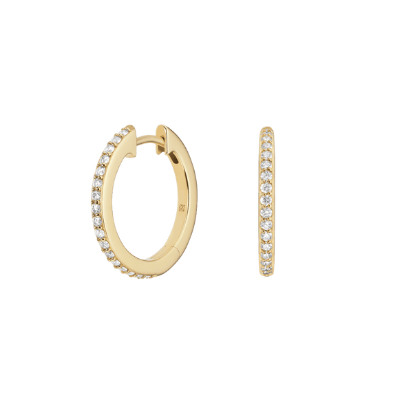 Side view of yellow gold, large pavé hoops