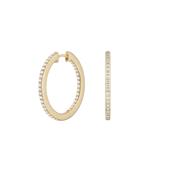 Side view of yellow gold, medium pavé hoops 