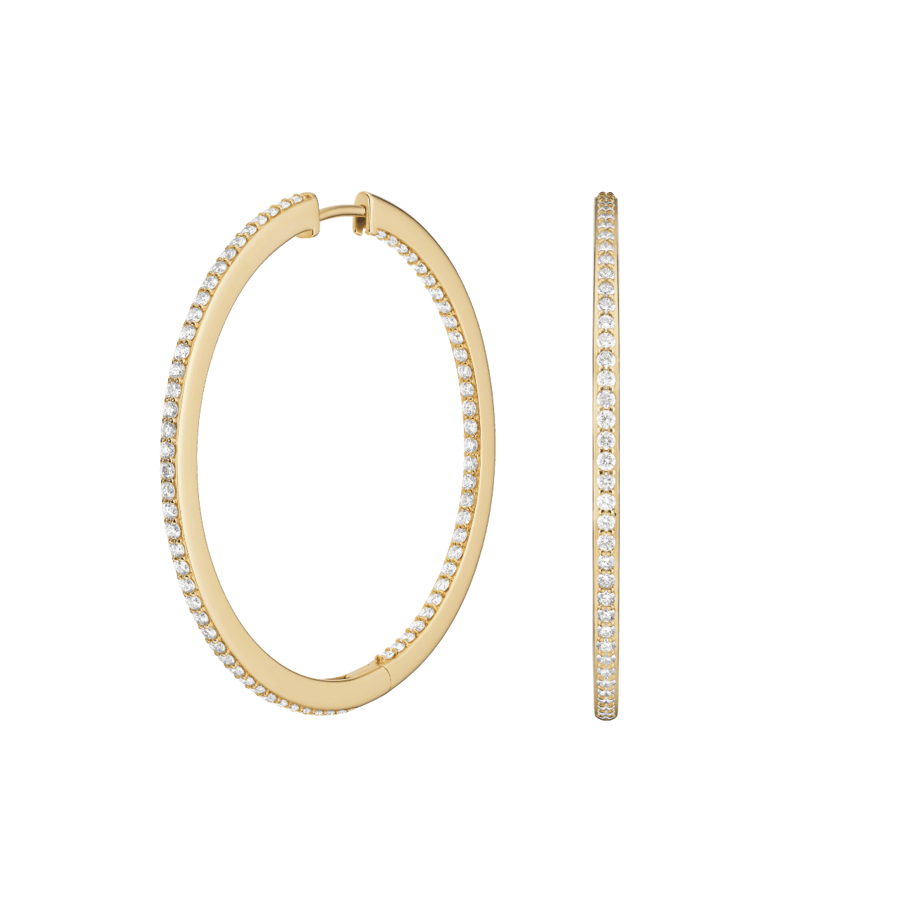 Side view of yellow gold, large pavé hoops