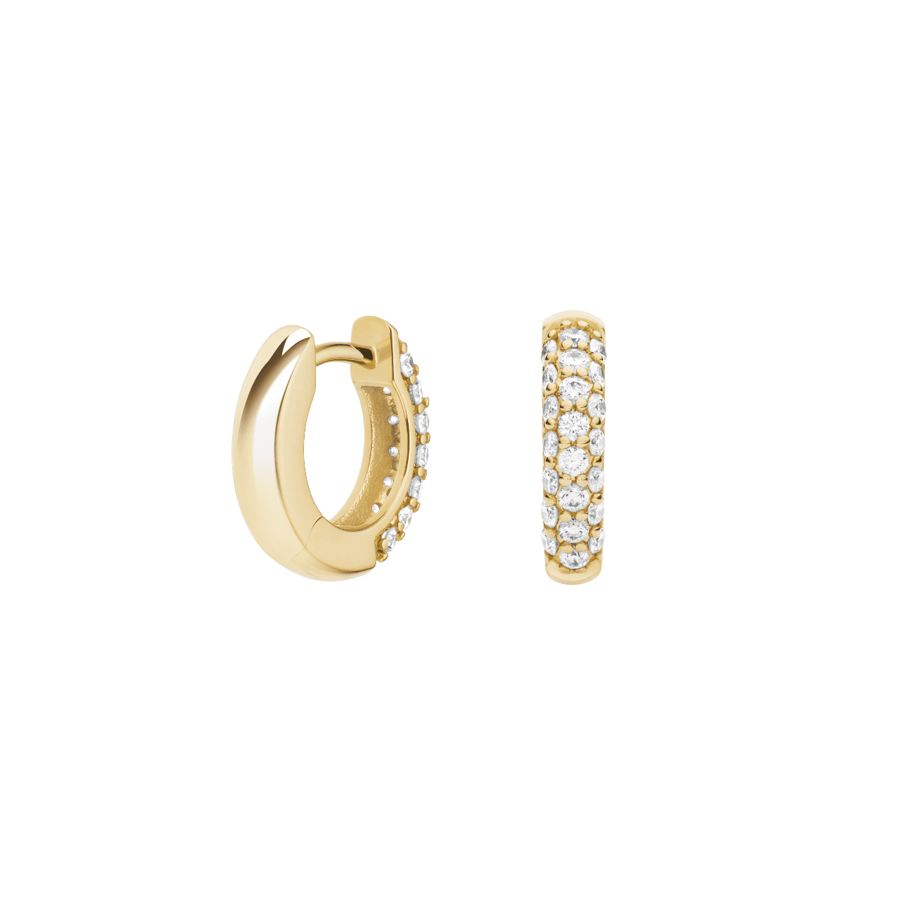 Back view of yellow gold, small pavé bubble hoop