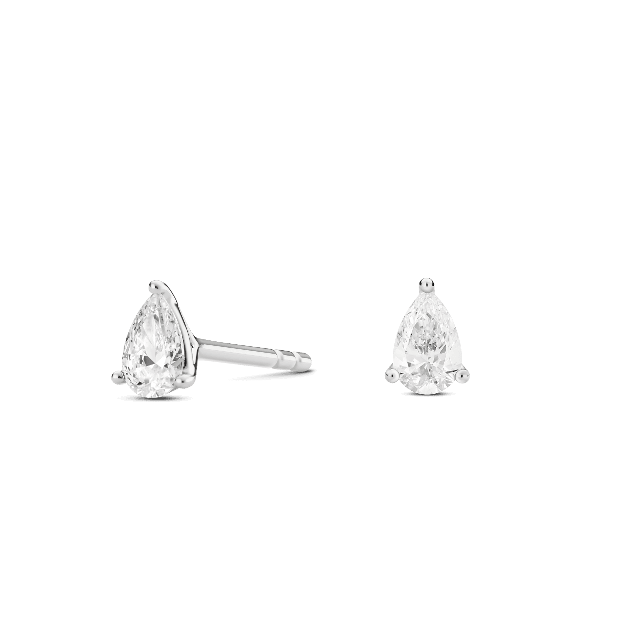 Side view of white gold, 0.25 carat total weight, pear cut mini studs